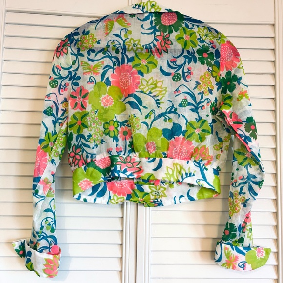 Vintage 70s Retro Floral Button Down Crop Top Blouse Green Pink White - Picture 4 of 6